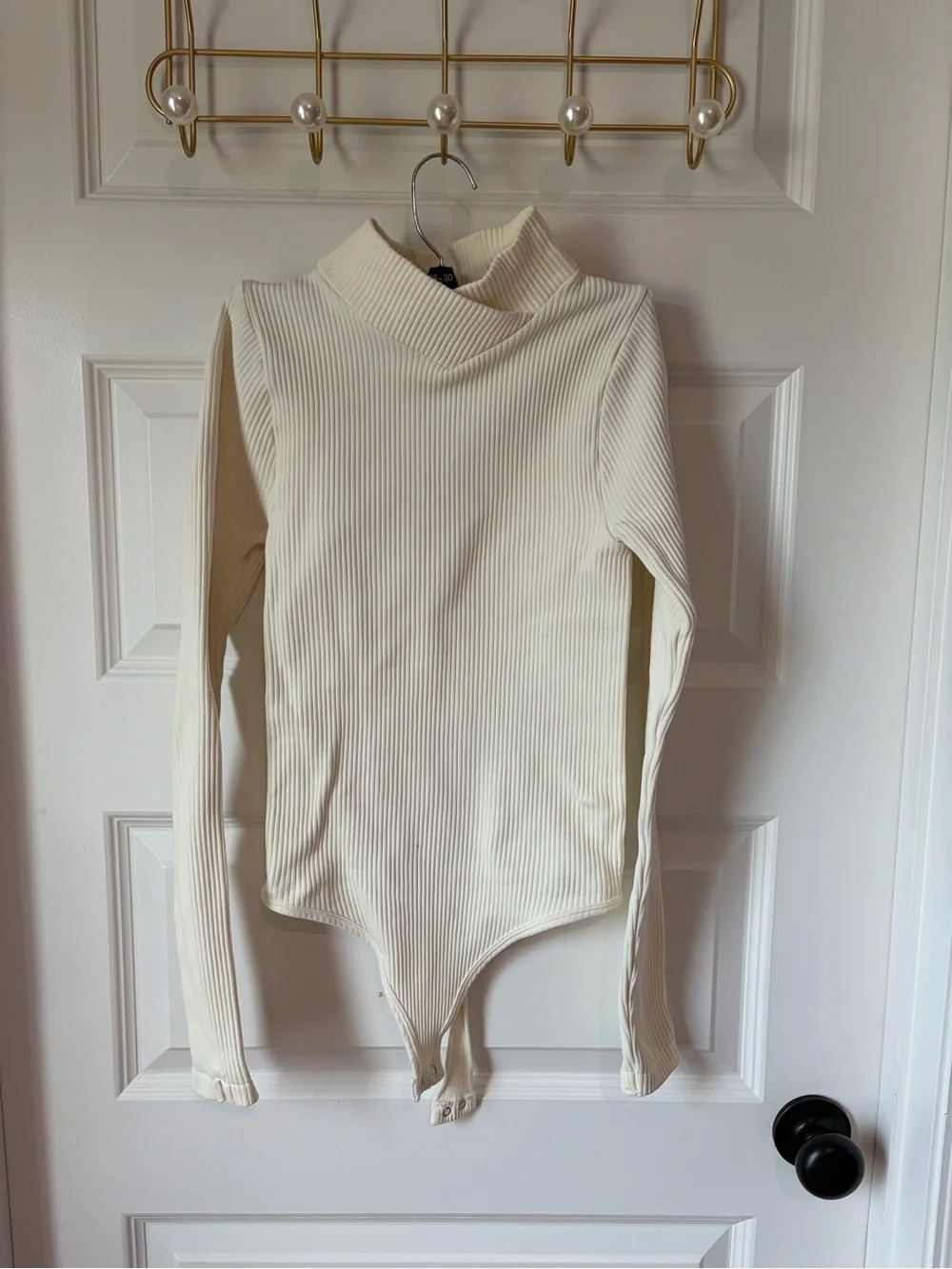 Free People Cream Ribbed Mock Neck Long Sleeve Bodysuit